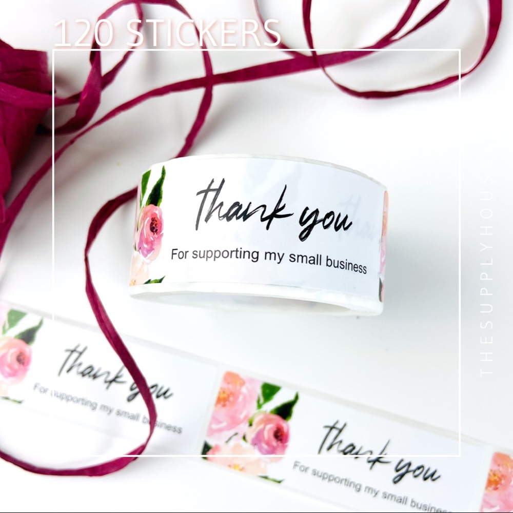 120pcs White Pink Peach Rose Thank You rectangular Stickers. Shipping Supplies